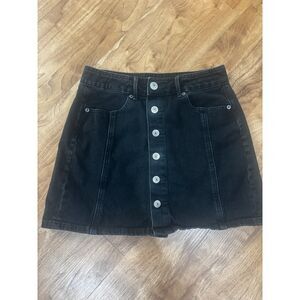 American Eagle Black Denim Hi-Rise A-Line Button Front Mini Skirt Size 2